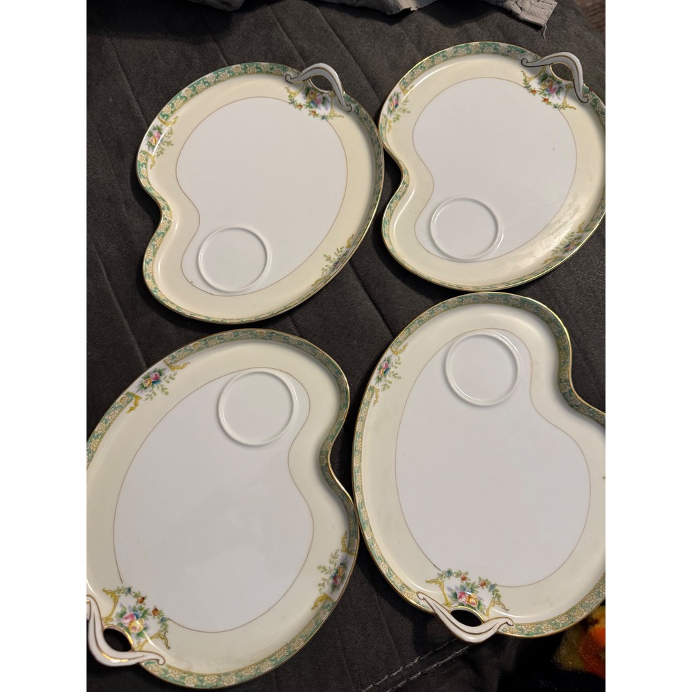 Vintage Noritake Hand Painted Snack Plates Palette Shape Floral Gold Trim Set 4